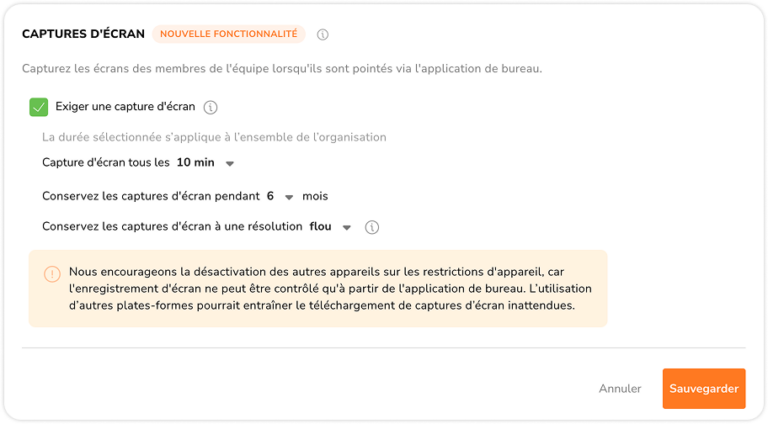 Paramètres et intervalles de capture d'écran